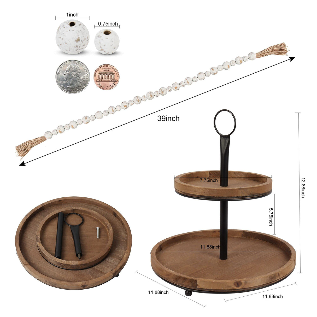 GENMOUS & CO. Farmhouse Tiered Tray Decor with Distressed Wood Bead Garland, Decorative 2 Tiered Serving Tray with Metal Handle for Rustic Home Décor GENMOUS & CO.