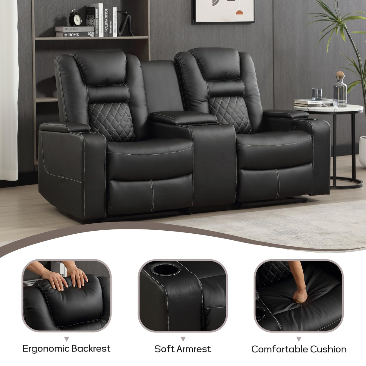 EBELLO Home Theater Seats, Faux Leather Movie Daul Recliner Chair with Console, Power Gaming Loveseat Sofa with Cup Holders and USB Charge EBELLO