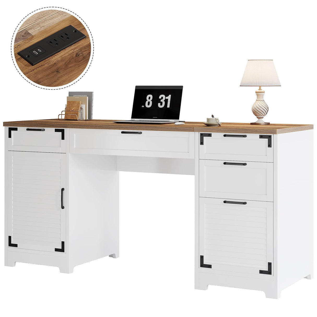 Tribesigns 59" Farmhouse Executive Desk, Computer Office Desk with File Drawers, Charging Station and Storage Cabinet, Wooden Rustic Writing Study Table for Home Office, White Tribesigns