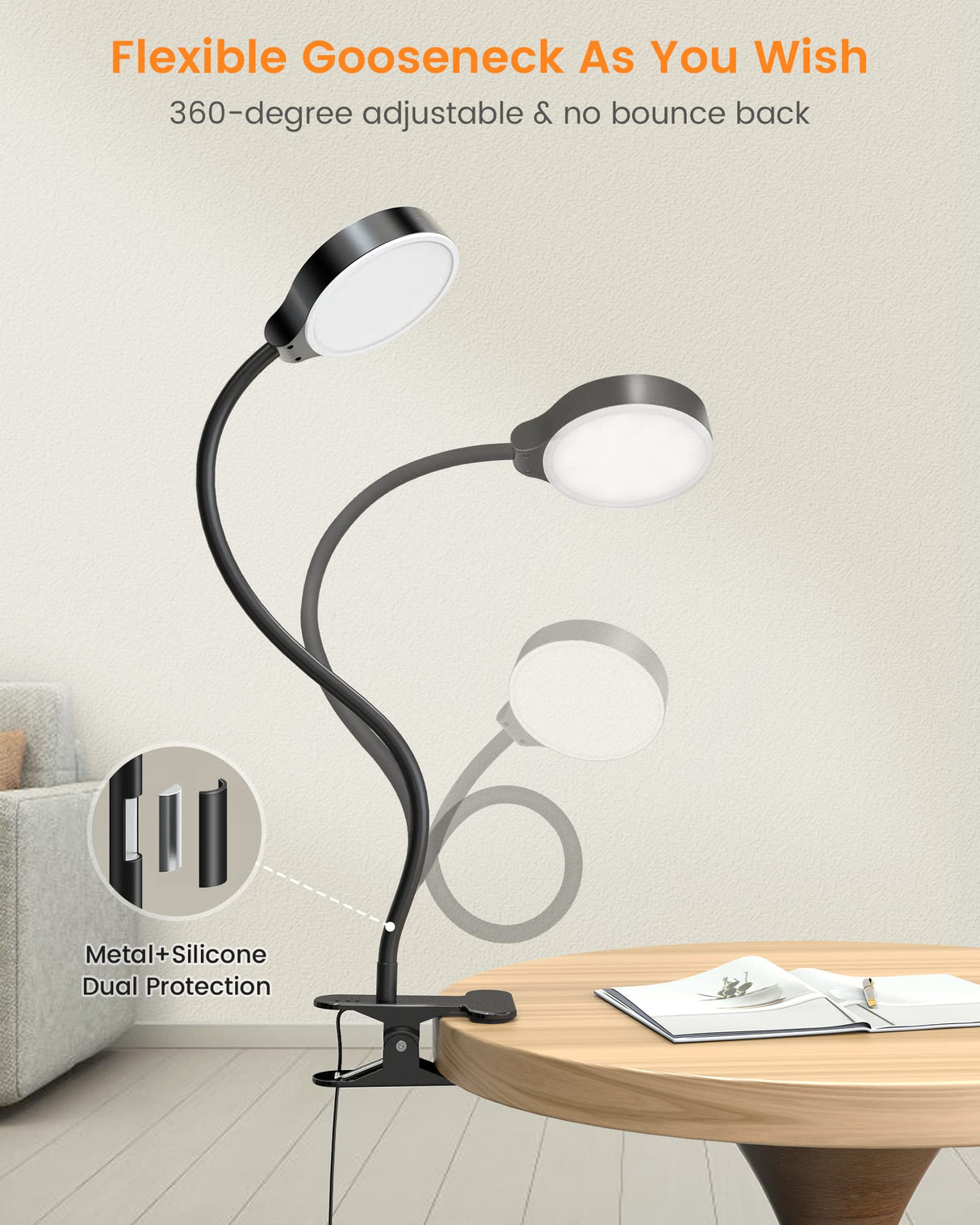 Glocusent 5W Clip on Light, 36LED Eye Caring Reading Light for Bed, 3 Colors & 5 Brightness Clip on Lamp with Adapter, Perfect Reading Light for Bed with Clamp/Bunk Bed/Headboard/Table/Desk Glocusent