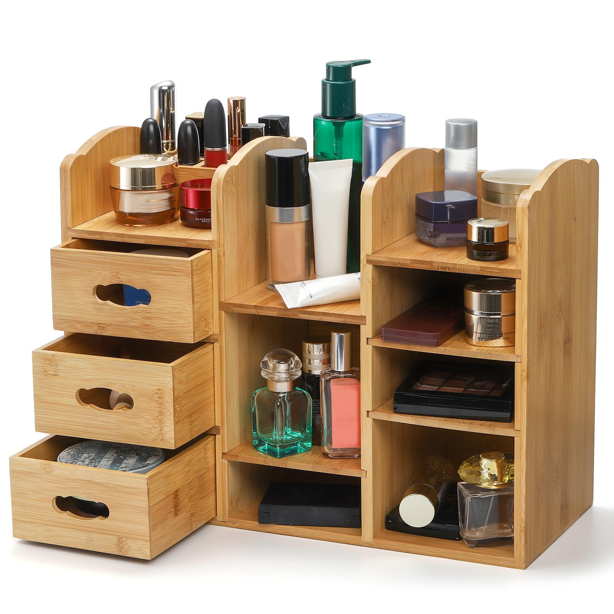 Coloch Bamboo Makeup Cosmetics Organizer with Drawers, Multifunctional Dresser Top Makeup Storage Tabletop Organizer Shelf for Desktop, Skincare, Beauty Supplies, Cosmetics Display, Stationery Storage Coloch