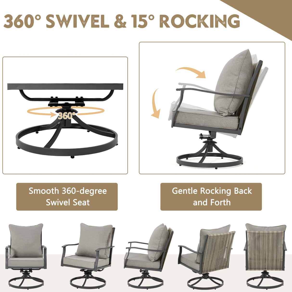 EROMMY 7-Piece Outdoor Dining Set, 6 Swivel Wicker Chairs with Thick Cushions & Wood-Like Dining Table with Umbrella Hole, Patio Furniture Set for Porch, Garden, Backyard, Poolside, Deck, Grey EROMMY