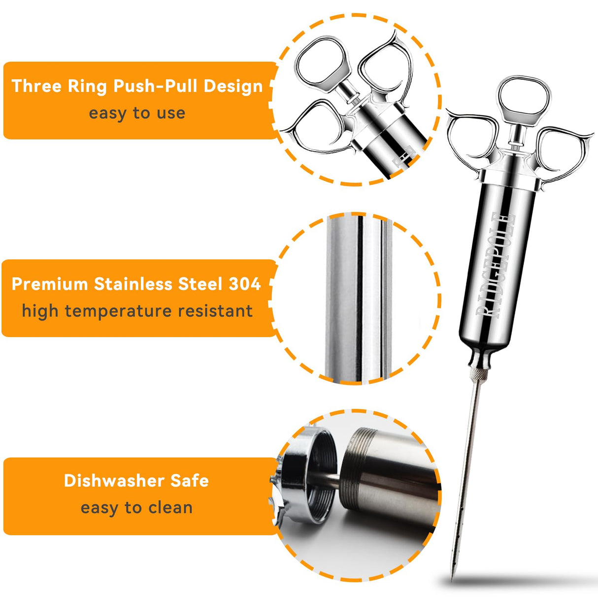 RIDGEPOLE Meat Injector, Marinade Injector with 3 Marinade Needles,Seasoning Injector, Turkey Injector Syringe,2-OZ Large Capacity, All Stainless Steel 2024 UPDATE RIDGEPOLE