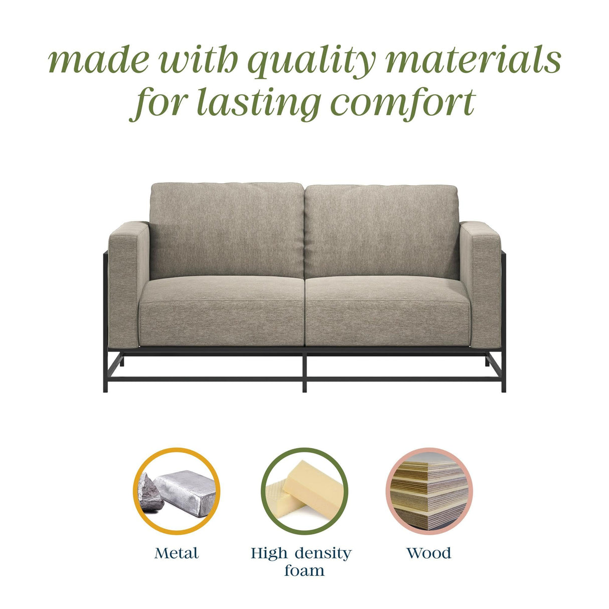 Novogratz Kelly Industrial Modern 72" Sofa with Metal Base, Beige Novogratz