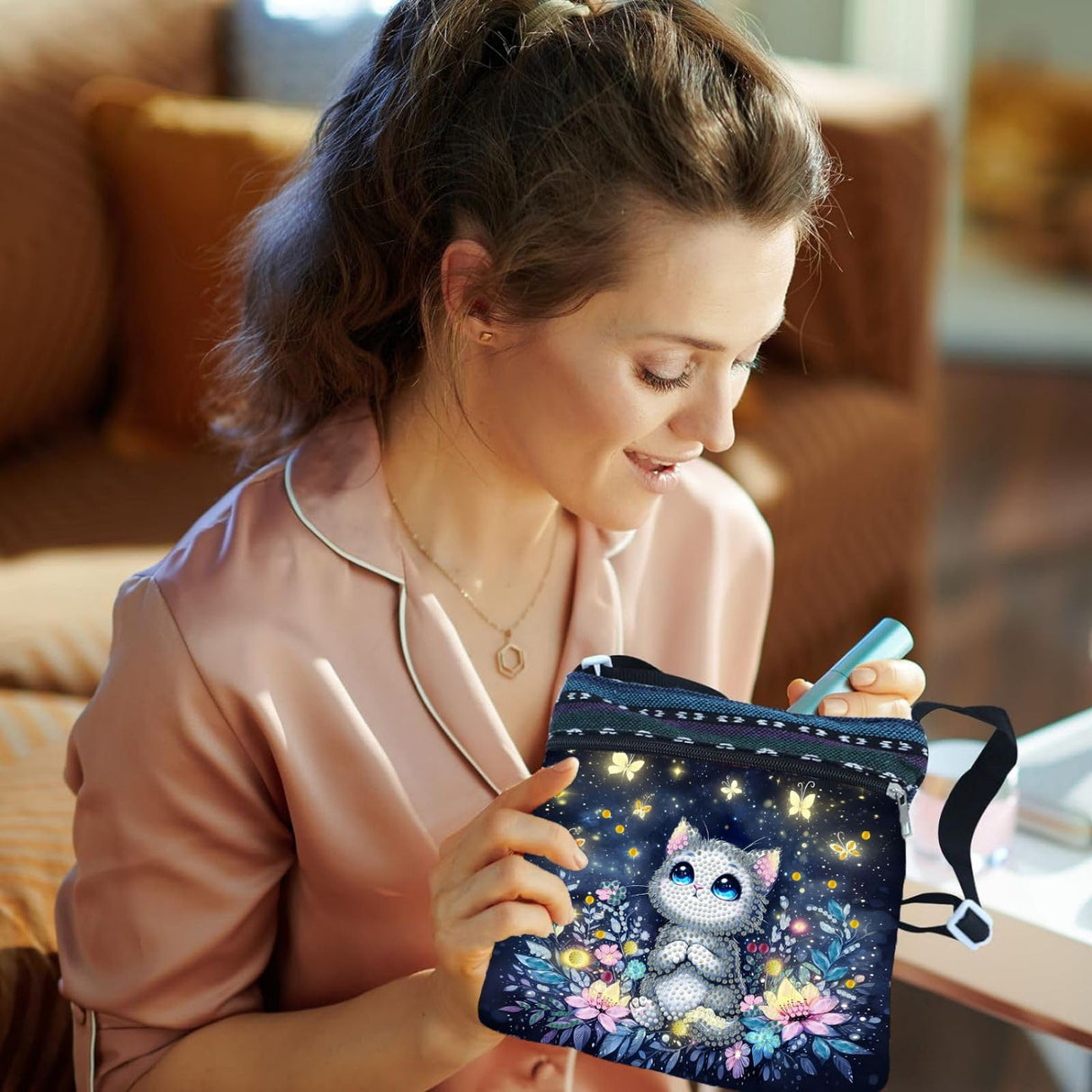 ARTopet DIY Diamond Art Painting Canvas Crossbody Bag Black Ethnic Minority Shoulder Purses Beach Bag Special Shaped Crystal by Numbers Mosaic Kits for Women-Cat ARTopet