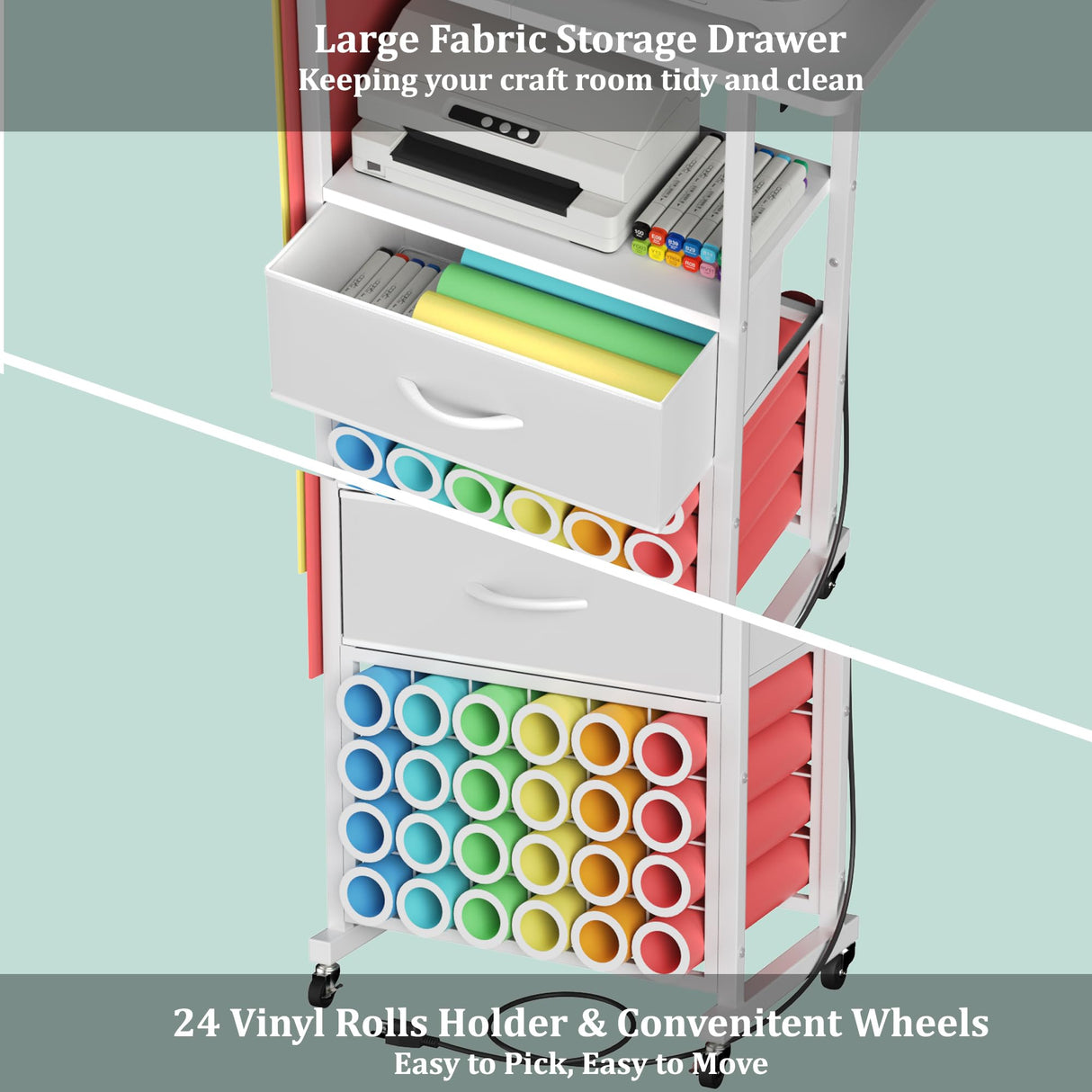 Rolling Craft Cart with Charging Station & Fabric Drawer, 24 Vinyl Roll Holders for Cricut, Organizers and Storage Compatible with Maker, Organization for Craft Room, White Jchccu