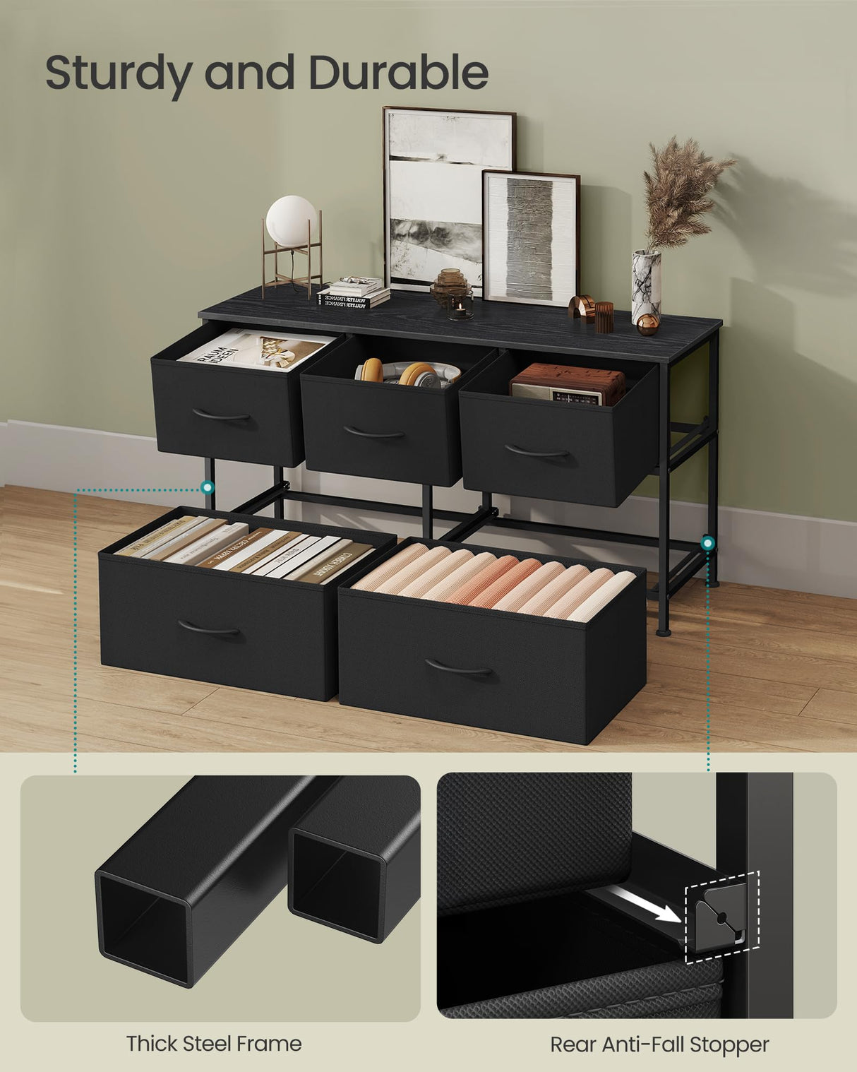 SONGMICS Dresser for Bedroom, Chest of Drawers, Steel, MDF, 5 Non-Woven Fabric Drawers, Storage Organizer Unit, Closet, Entryway, Ink Black and Ebony Black ULGS322B01S SONGMICS