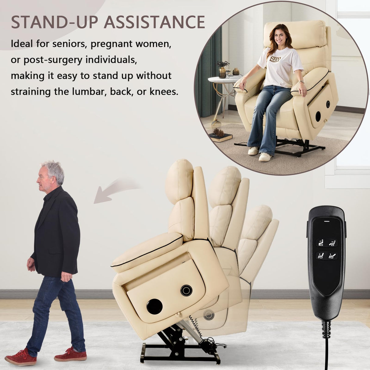 Dual Motor Power Lift Recliner Chair for Adult & Elderly, Infinite Position Lay Flat Lift Chair with Heat & Massage, Cup Holder, Lumbar Pillow, Wireless Charger, USB Ports, Leather (Beige) RESTREAL