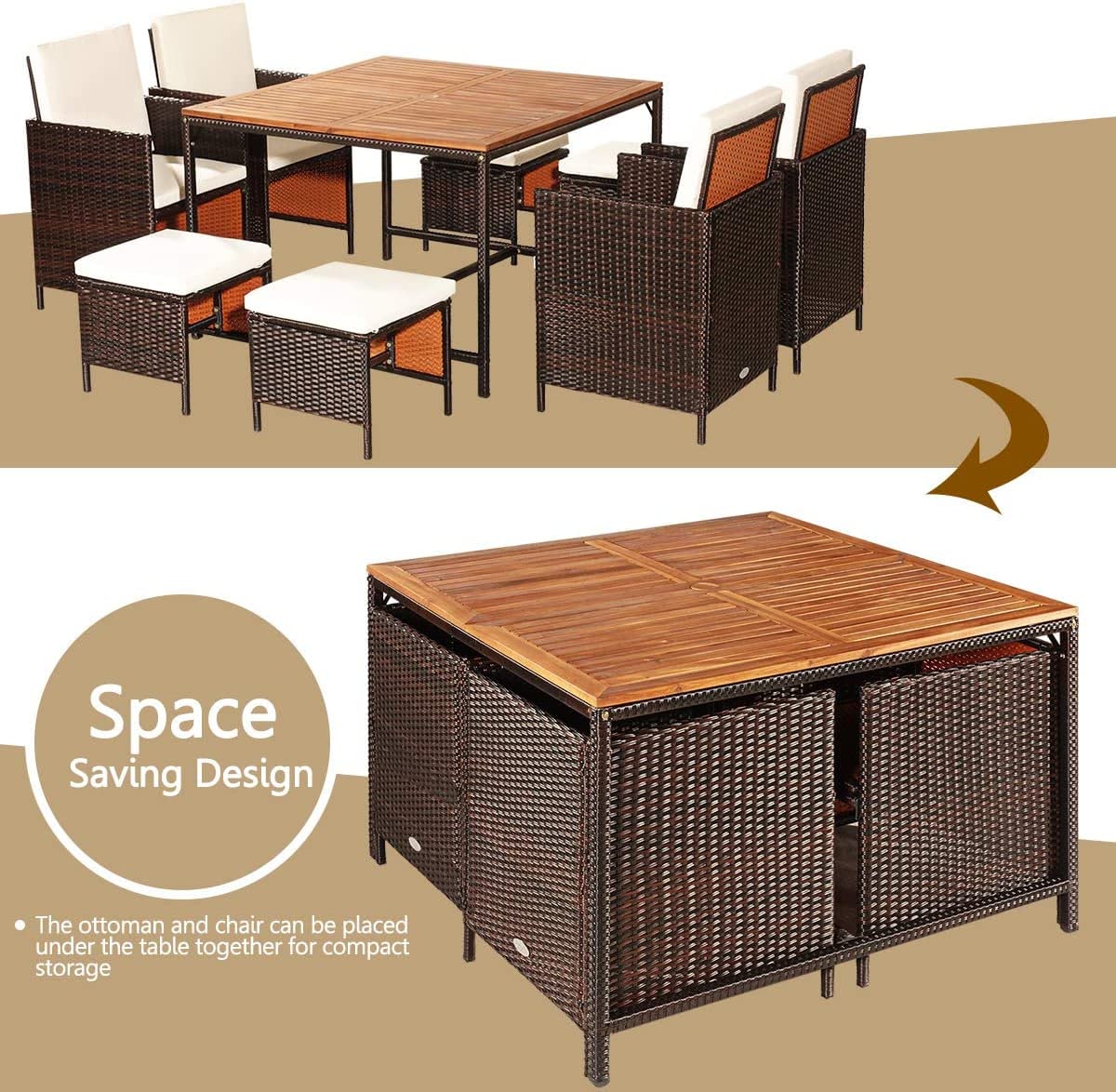 HAPPYGRILL 9-Pieces Patio Dining Set Outdoor Dining Furniture Set with Cushioned Seating, Space-Saving Dining Table with Acacia Wood Tabletop Rattan Wicker Chair and Ottoman Sets for Backyard Garden HAPPYGRILL