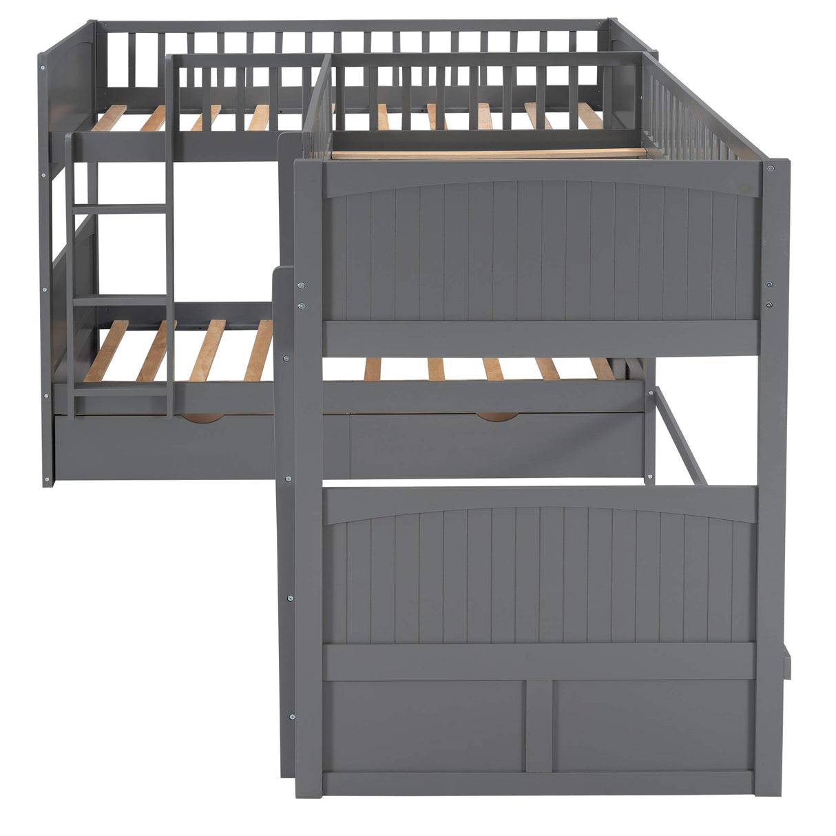 Merax L-Shaped Solid Wood Bunk Bed, Twin Over Twin Over Twin Bed with 2 Drawers and 2 Ladders, Twin Size Bunk Bed with a Loft Bed Attached, Grey Merax