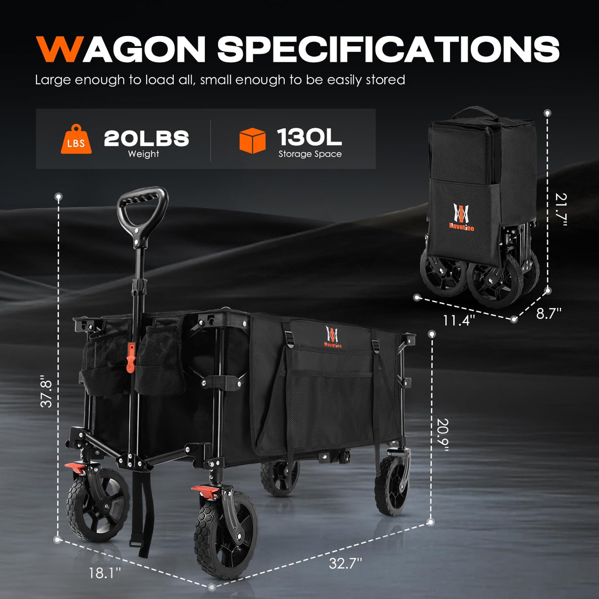 Navatiee Collapsible Folding Wagon, Heavy Duty Utility Beach Wagon Cart with Side Pocket and Brakes, Large Capacity Foldable Grocery Wagon for Garden Sports Outdoor Use, S1 Navatiee