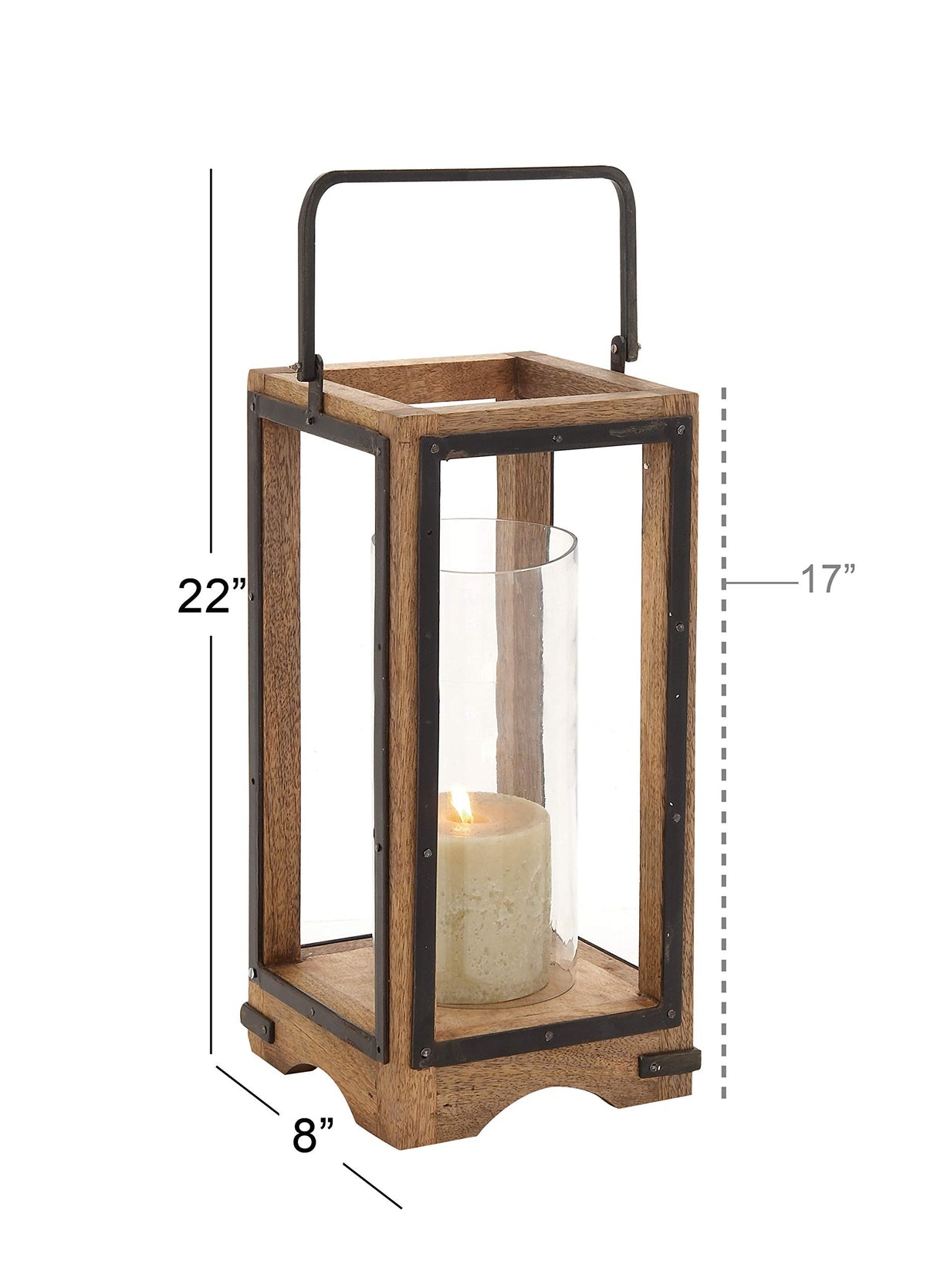 Deco 79 Wood and Metal and Glass Lantern, 8" x 8" x 22" Deco 79