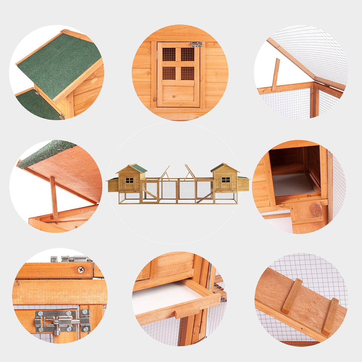 Outdoor Chicken Coop for 4-8 Chickens Wooden Hen Rabbit House Poultry Pet Hutch Run Cage w/Waterproof Asphalt Roof, Ramp, Nesting Box, Wire Fence (160") GOJOOASIS