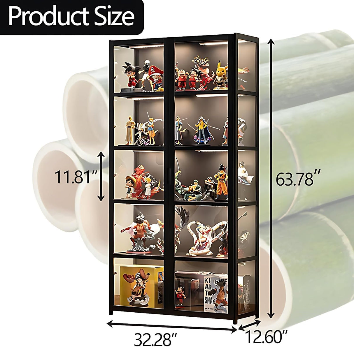 QOEUDD Display Cabinet with Acrylic Glass Door, 5 Tier Curio Display Case, Collectibles Toy Organizers Rack & Display Shelf, Kids Bookcase for Bedroom, Reading Nook, Toddler's Room, Bamboo QOEUDD