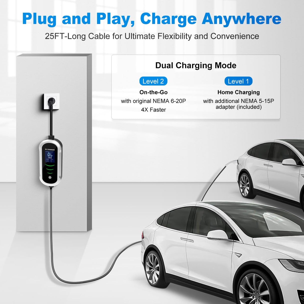 MACARLON Level 1 & 2 EV Charger, 16A 110V-240V 25ft Cable Portable J1772 Electric Car Charger American Flag Style with NEMA 6-20 & 5-15 Adapter for Home, Adjustable Current, Scheduled Charging, Silver MACARLON