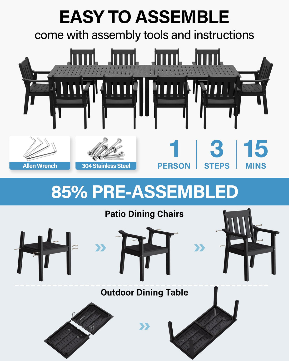 YEFU Outdoor Patio Dining Sets: Outdoor Furniture 12 Piece Dining Table Set for 10 with Umbrella Hole & Aluminum Frame - All Weather Patio 2 Table and 10 Chairs for Outside Backyard/Porch/Deck Black YEFU