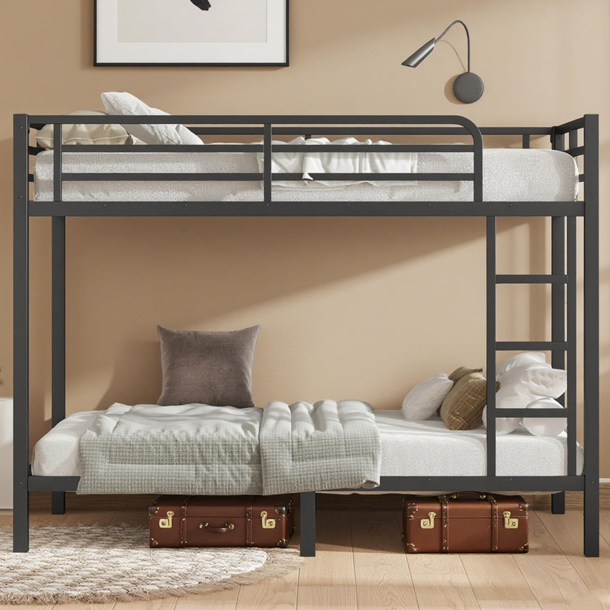Bellemave Twin XL Over Twin XL Bunk Bed with Headboard and Build in Ladder, Heavy Duty Metal Bunk Beds with Full Length Guardrail, Convertible Bunk Bed for Adults, Teens, Black Bellemave