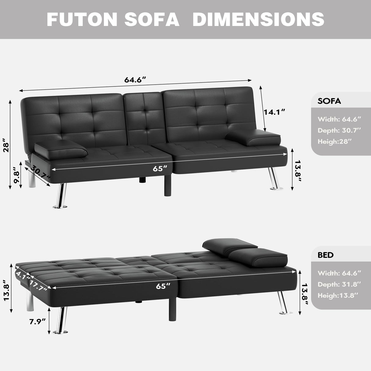 JUMMICO Faux Leather Futon Sofa Bed Futon Couch with Removable Armrests Adjustable Sleeper Sofa Bed with 2 Cup Holders for Living Room (PU Leather, Black) JUMMICO