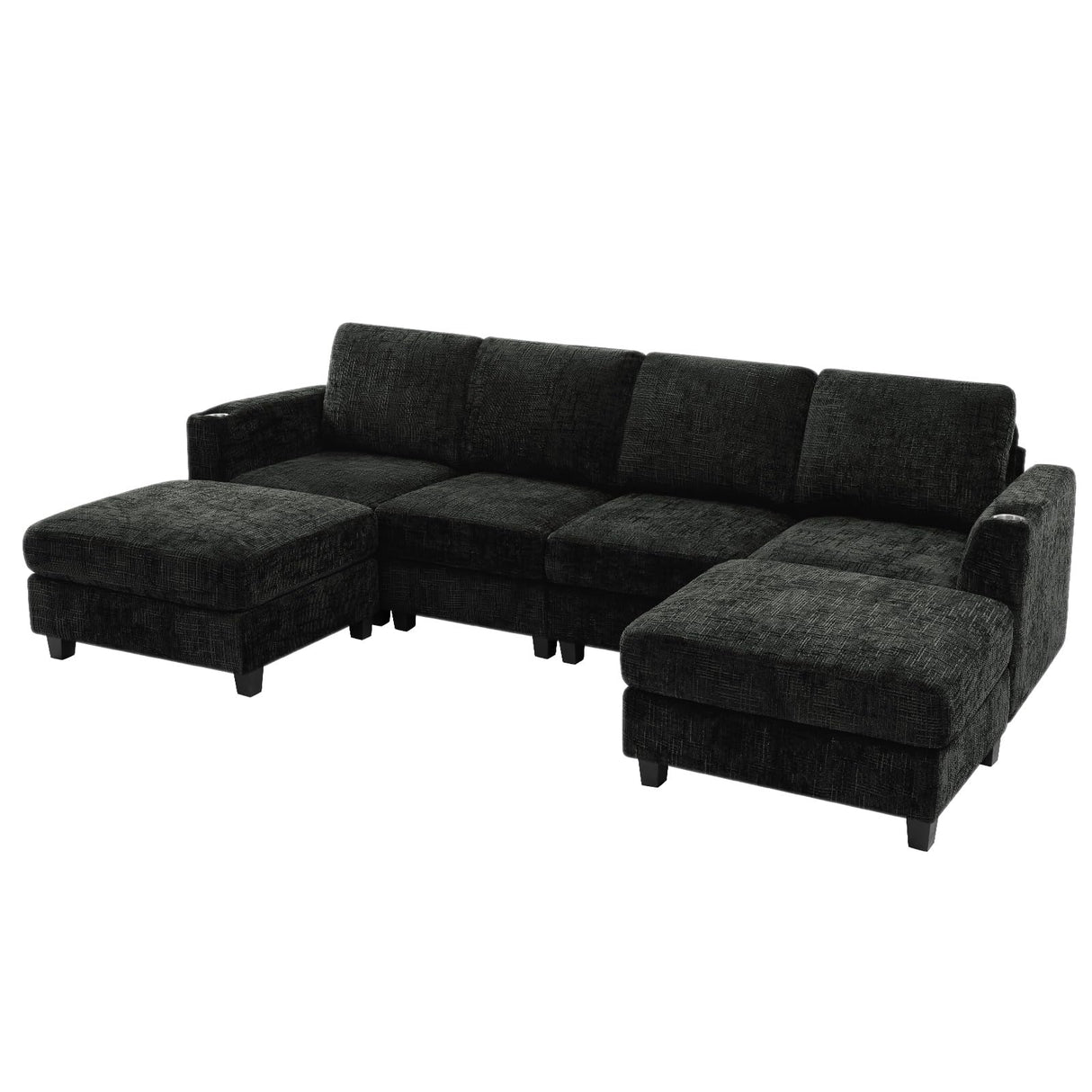 Lesofair 110" Chenille Sectional Sofa with Movable Ottomans, Modular U-Shape Couch with Cup Holders, Convertible 4 Seater Sofa with Well-Filled Backrest Cushions for Living Room, House, Black Lesofair