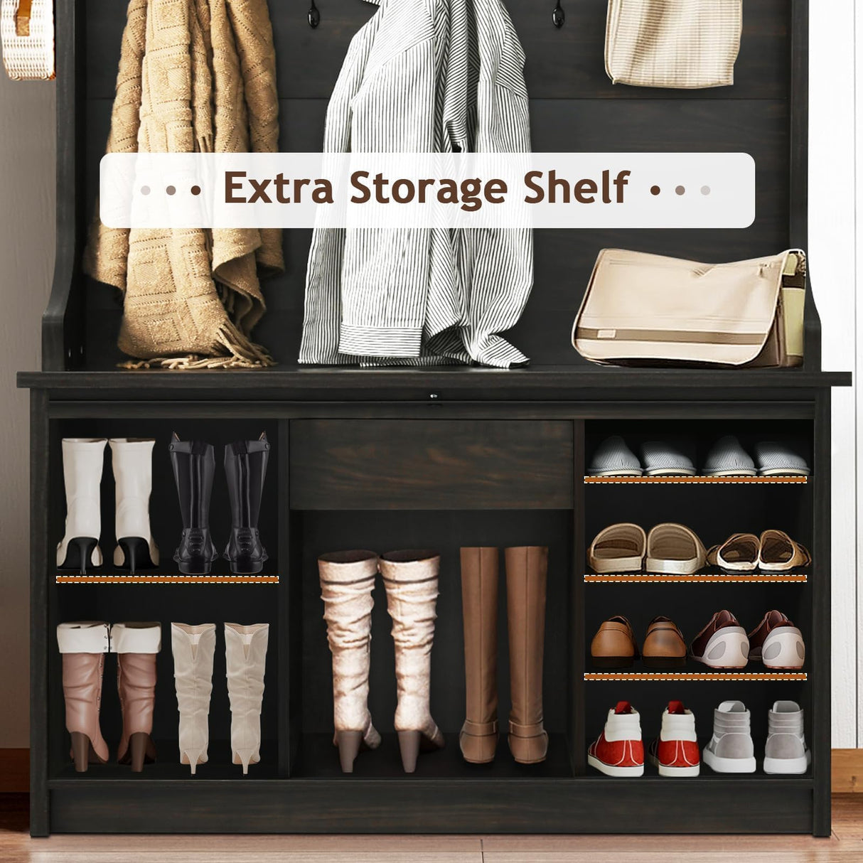 4ever2buy Farmhouse Hall Tree with Storage, 42 Inch Wide Entryway Bench with 2 Sliding Barn Doors, Brown Tall Hall Tree with Coat Rack & Shoe Storage for Living Room 4ever2buy