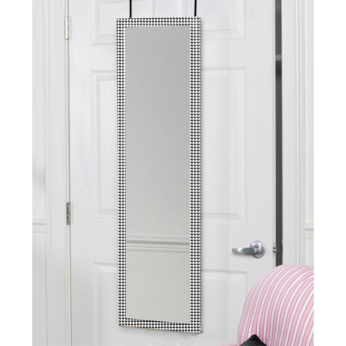 Mirrotek - Full Length Adjustable Over The Door Mirror White Wood Finish Hanging Instant Install Long Body for Bedroom, Dorm Room, 14" x 48" Mirrotek