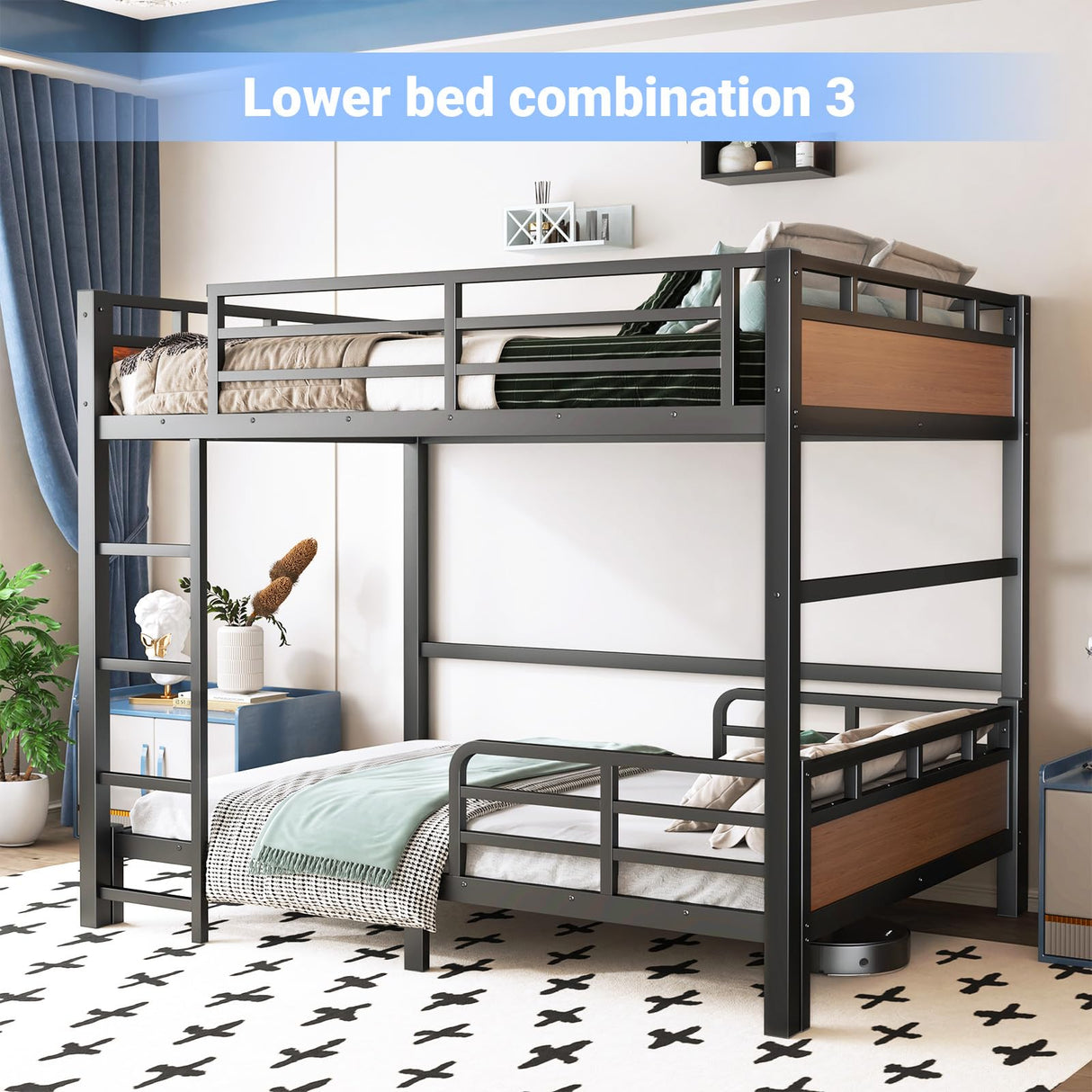 HKOLIE Full XL Over Full XL Bunk Bed, Convertible Metal Bunk Beds Can Separate into Loft Bed and Platform Bed, Heavy Duty Noise-Free Bed Frame with Safety Rails for Adults Teens Kids, Walnut HKOLIE