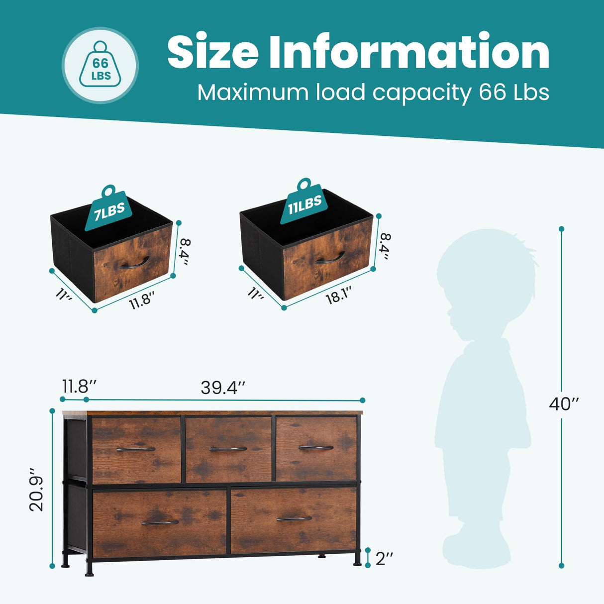 OLIXIS Organizer Storage 5, Chest of Drawers with Fabric Bins, Long Dresser with Wood Top for Bedroom, Closet, Entryway, 11.87" D x 38" W x 20.87" H, Rustic Brown OLIXIS