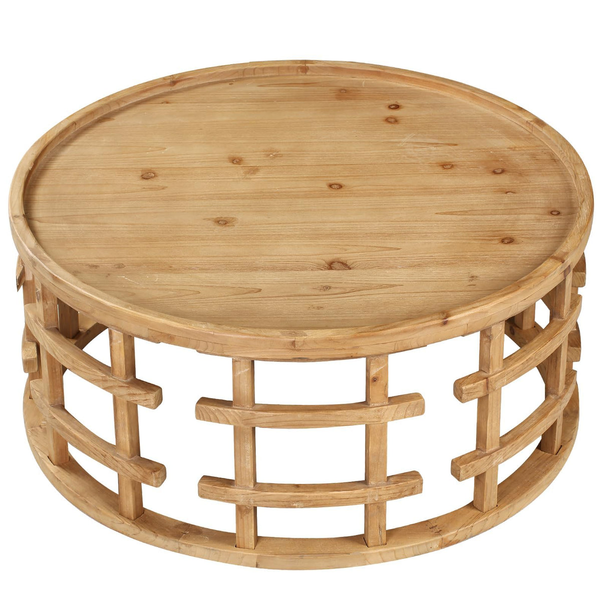 RUSTOWN Farmhouse Round Coffee Table, French Country Sofa Tables,Rustic Soild Wood Finish with Openwork Pattern and Curved Frame Base, Boho Handcrafted Wooden Coffee Table for Living Room, Natural RUSTOWN