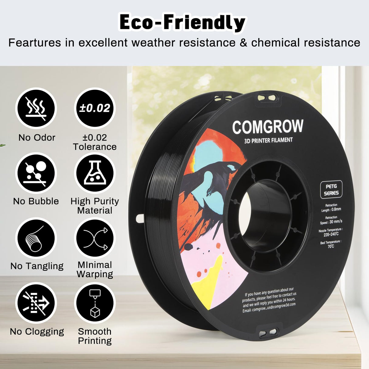 Comgrow PETG 3D Printer Filament 1.75mm, High Precision and Tough 3D Printer Filament 2kg (4.4LBS), Dimensional Accuracy +/- 0.02 mm, Fit Most 3D Printers Black+Black Comgrow