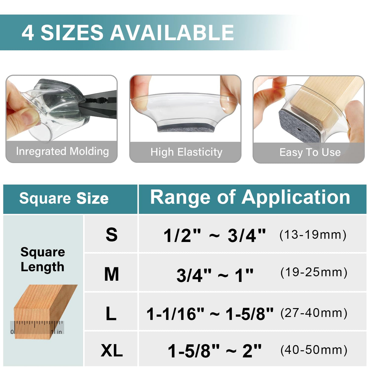 24 Pcs Chair Leg Floor Protectors Square, Silicone Felt Furniture Leg Pads Caps Covers for Hardwood Floors (Fit:1-1/16" to 1-5/8") Ansible