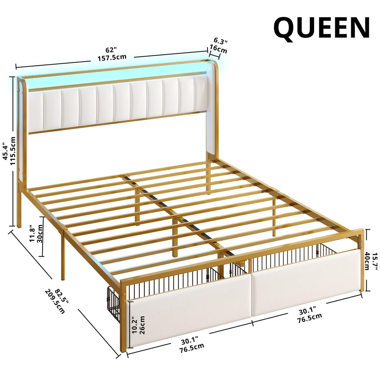 LIKIMIO Queen Bed Frame with Armrests Headboard & RGB Light, Upholstered Queen Size Bed Platform with Drawers, No Box Spring Needed, Study & No Noise, Modern Gold and White LIKIMIO