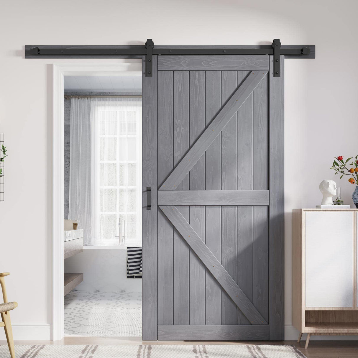 FREDBECK 42in x 84in Gray Wood Barn Door Slab with 7ft (84inch) Barn Door Hardware Track Kit and Handle Floor Guide Included, Double Surfaces,Simple Assembly is Required,K-Frame,Grey FREDBECK
