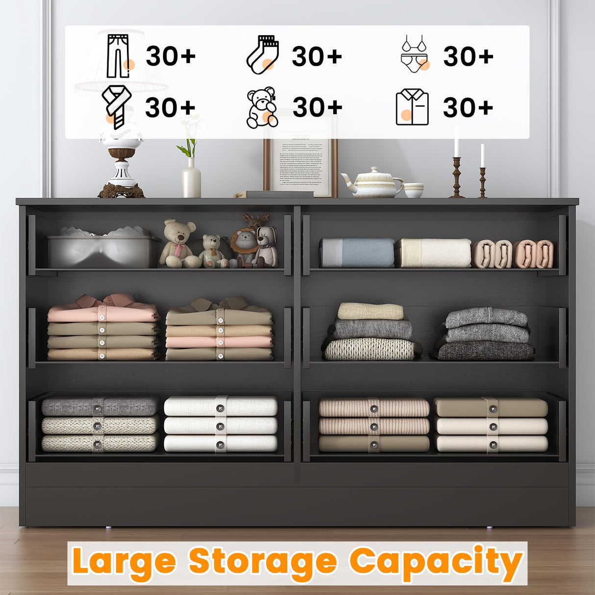 Bigbiglife Wood Dresser for Bedroom, 6 Drawer Double Dresser, Modern Chest of Drawers with Deep Drawers, Large Storage Organizer for Living Room, Closet,15.8" D x 47.2" W x 27.7" H (Black) Bigbiglife