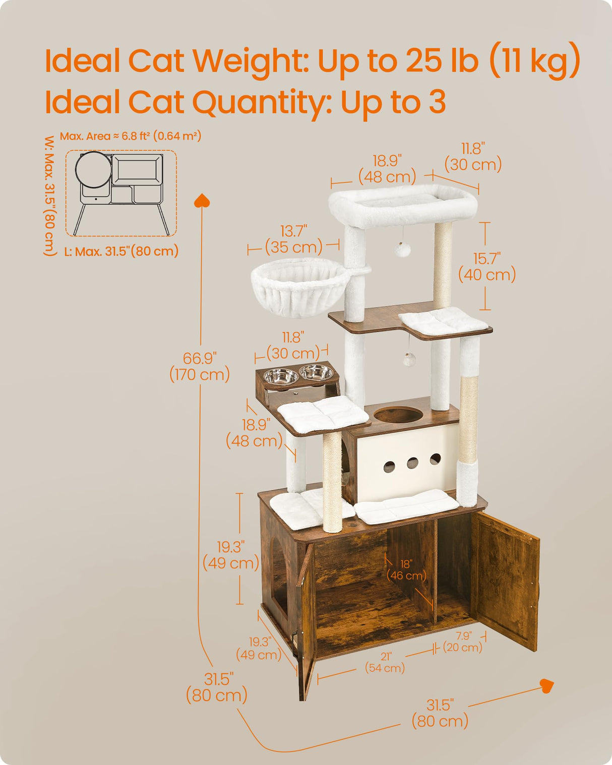 Feandrea Cat Tree, 66.9-Inch Cat Tower with Litter Box Enclosure, Large Cat Condo with Food Station, Storage, Scratching Posts, Cat Cave, Hammock, Washable Cushions, Rustic Brown UPCT169K01 Feandrea