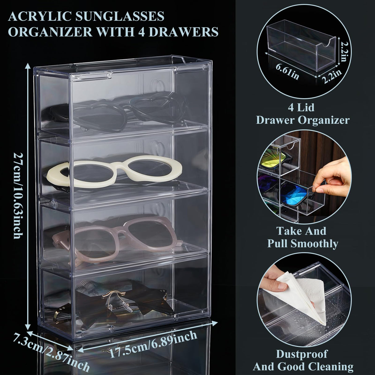 Sintuff 4 Pack Acrylic Sunglass Organizer with 4 Drawers Clear Eyewear Storage Display Case Eyewear Organizer for Women Eyeglass Holder Multiple Pair for Glasses Jewelry Watch Storage Tray Sintuff