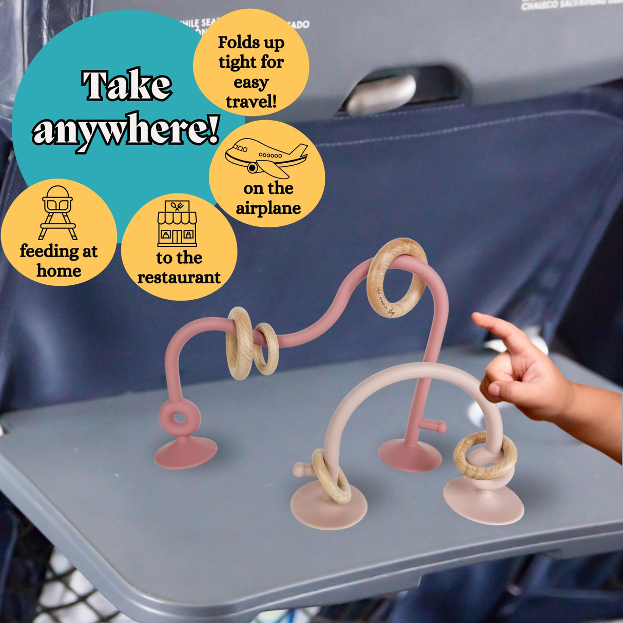 Eco Mama Shop: Silicone and Wood Table Top Toy and Teether, Montessori Educational Toys for Infant Toddlers, High Chair Toys with Suction Cups, Silicone Teething Toys (Dark Pink and Dusty Rose) Eco Mama Shop