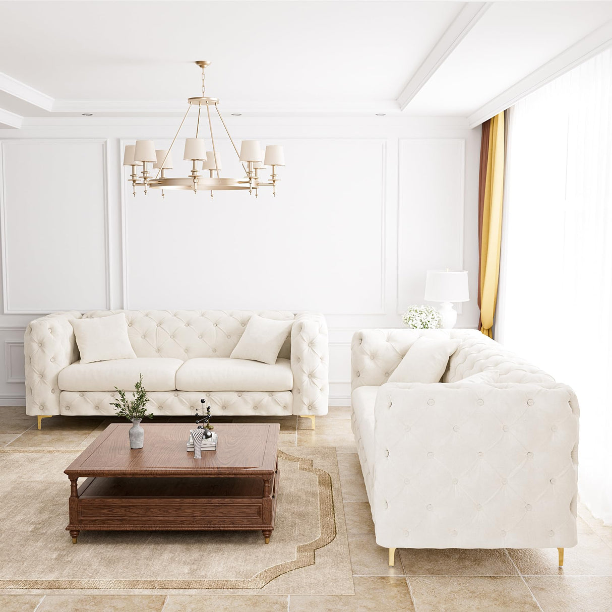 DAMAIFROM 75" Sofa Couch Mid Century Modern Velvet Couch Tufted Button Sofa High Armrest & Metal Gold Legs Luxury Chesterfield Decor with 2 Piilows Comfy Loveseat for Living Room, Beige White DAMAIFROM