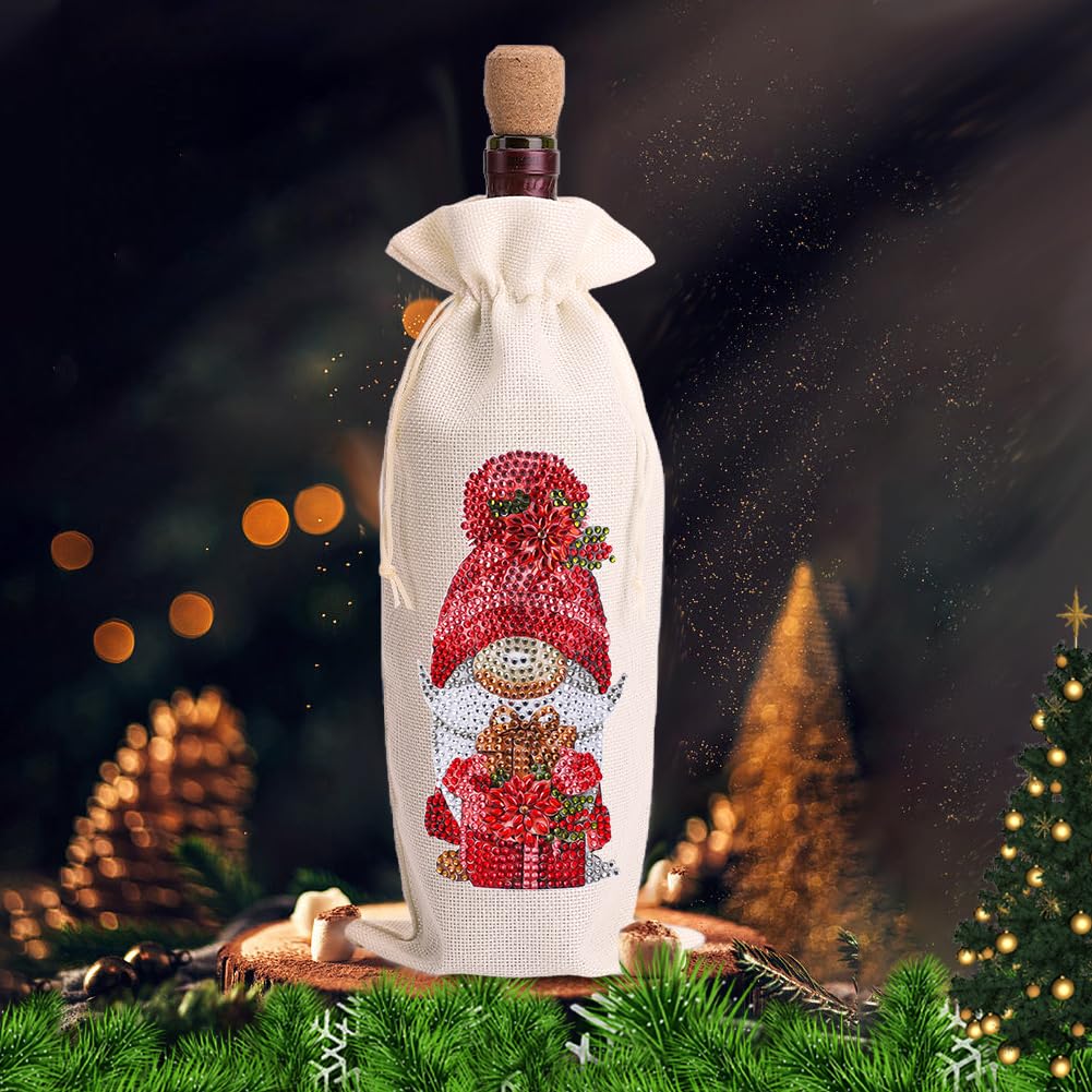 4 Pcs DIY Diamond Painting Art Kit Diamond Painting Wine Bag Kit Rhinestones Label Liquor Bottle Cover Gift for Wine Lover Women Men Christmas (Gnome Butterfly) WoodArtSupply