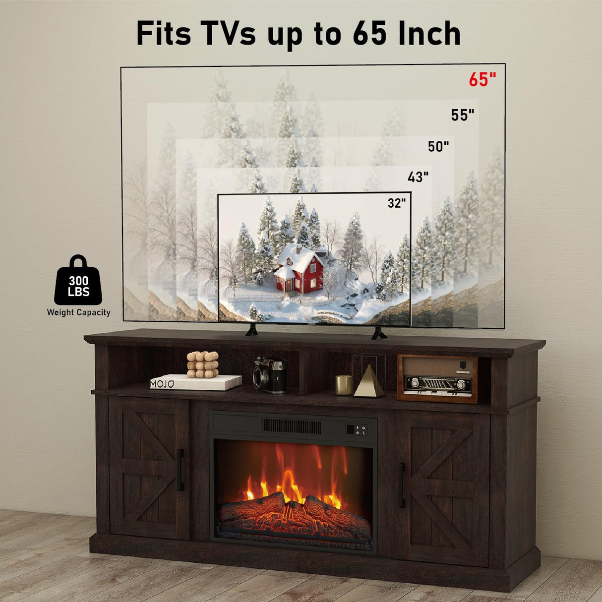 Luban Nese Fireplace TV Stand for TVs Up to 65" with 23" Electric Fireplace, Entertainment Center with Storage Cabinet and Open Shelves, Media Console with Barn Doors for Living Room (Espresso) Luban Nese