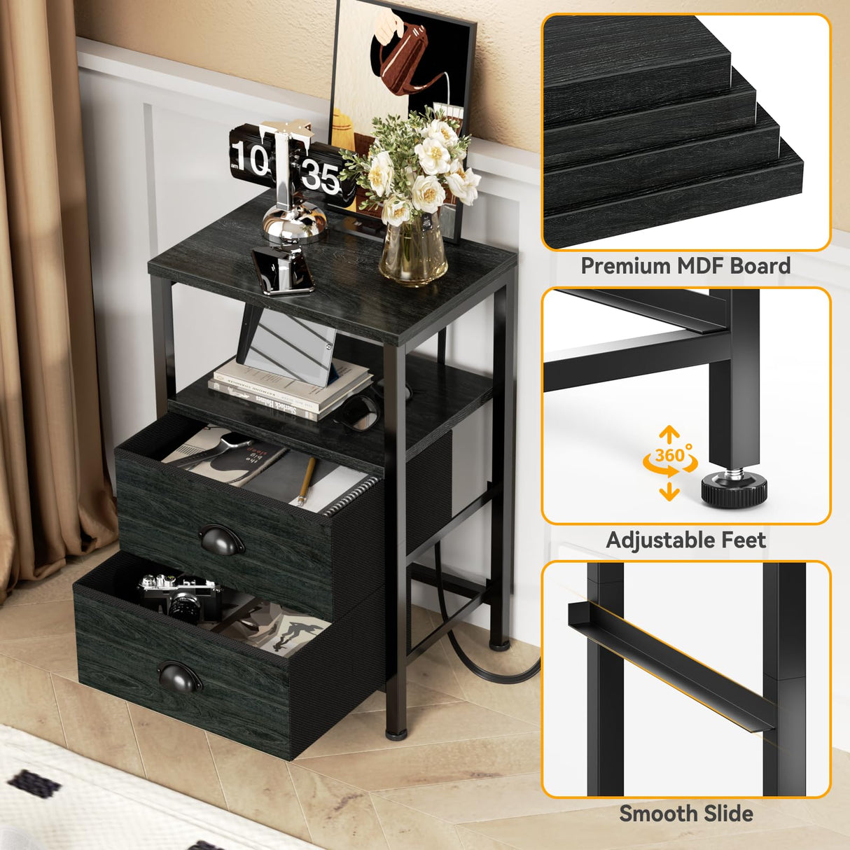 Furologee Nightstands with Charging Station, End Table with LED Lights, Black Night Stands with 2 Fabric Drawers, Bedside Tables with Shelves for Living Room/Bedroom,Black Oak Furologee
