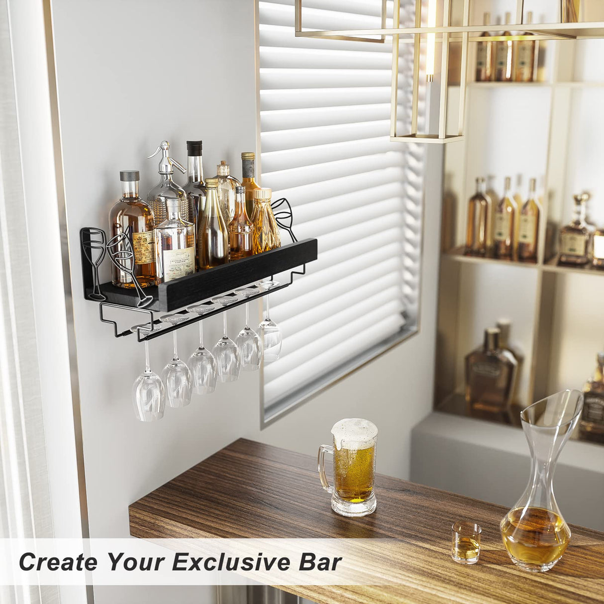 Love-KANKEI Wine Rack with Stemware Hanger, 17inch Wine Glass Rack, Floating Shelf Wall Mounted, Wood Wall Shelf for Kitchen, Dinning Room, Home Bar, Living Room etc, Pitch Black Love-KANKEI