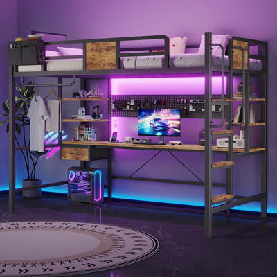 Dnxao Loft Bed Twin Size with Desk,Twin Loft Bed with Storage Organizer,LED Lights and Charging Station, Bunk Bed with Desk, Space Saving, Noise Free, No Box Spring Needed,Rustic Brown