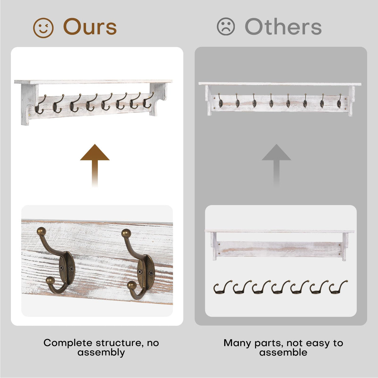 BECHAEO 35.8'' Wood Coat Rack Wall Mount with Shelf, White Wall Coat Rack with Hooks, Farmhouse Rustic Coat Hooks for Entryway Bathroom Hallway Kitchen Bedroom BECHAEO