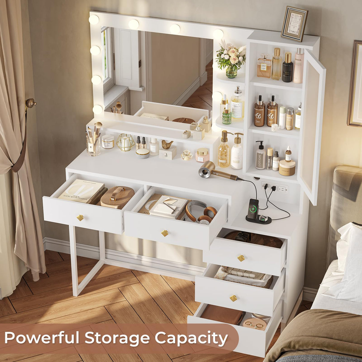 Tiptiper Makeup Vanity Desk with Mirror and Lights & Charging Station, White Vanity Table with 5 Storage Drawer & Glass Door & 3 Shelves for Bedroom, Modern White Tiptiper
