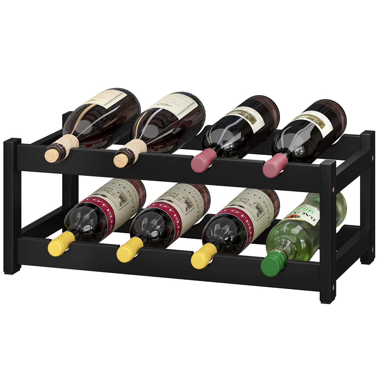 BAMEOS Wine Rack Freestanding 8 Bottle 2 Tier Bamboo Wine Racks Countertop Cabinet Wine Holder Wine Storage Shelf for Kitchen, Bar, Pantry, Wine Cellar, Countertop Black (16.85 L x 9.25W x 7H) BAMEOS