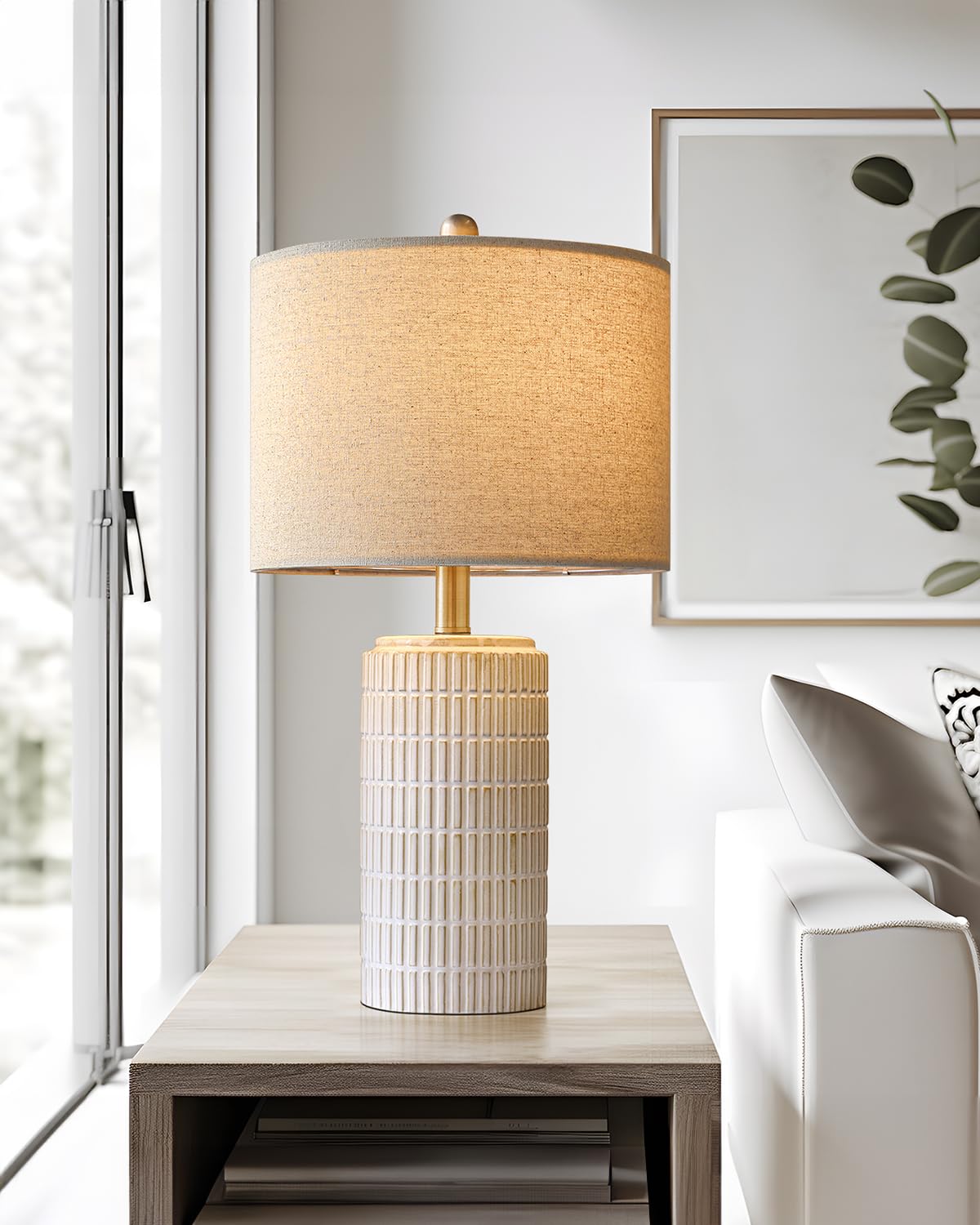 PoKat 23'' Bedside Table Lamp for Bedroom Nightstand - Ceramic Lamp for Living Room, White Night Stand Light Lamp with Round Linen Shade, Modern Bedroom Lamp Beige PoKat