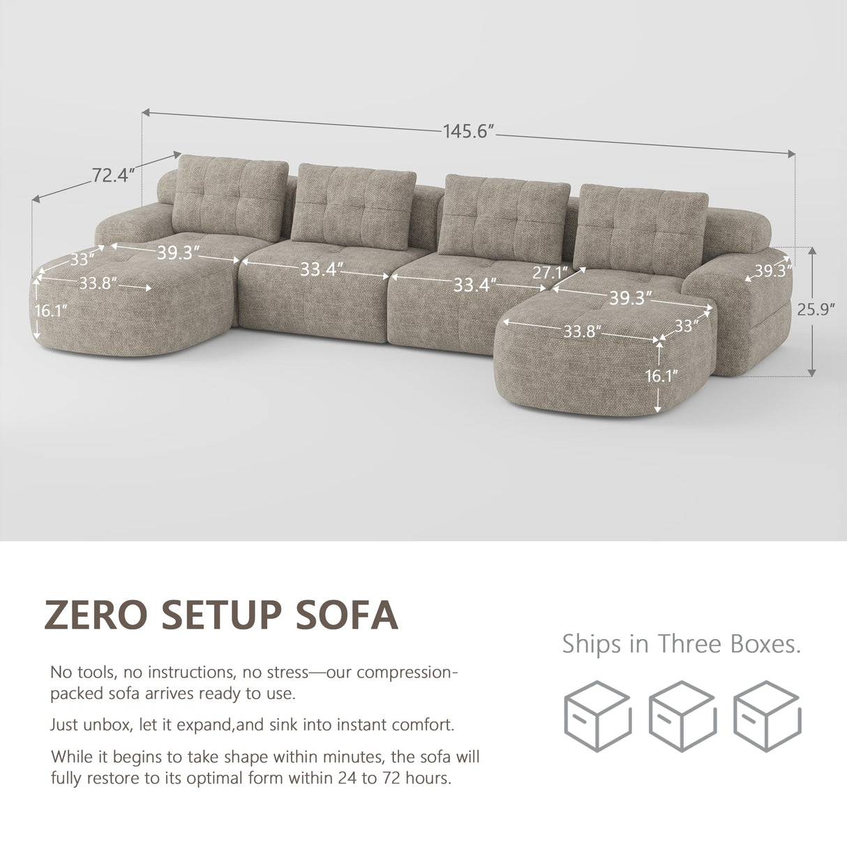 SOFA-IN-BOX 145'' U-Shaped Modular Sectional Sofa Couch, Full-Foam Structure, Compression Packaging Design, Woven Texture Upholstery, Oversized Modern Sofa for Living Room – Wheat Beige SOFA-IN-BOX