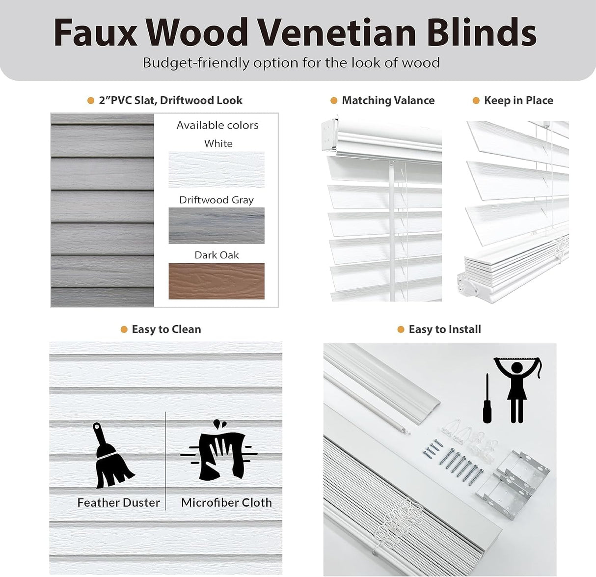 DEZ FURNISHINGS Cordless 2" Signature Faux Wood Blind, 34" W x 60" H, Bark Brown DEZ FURNISHINGS