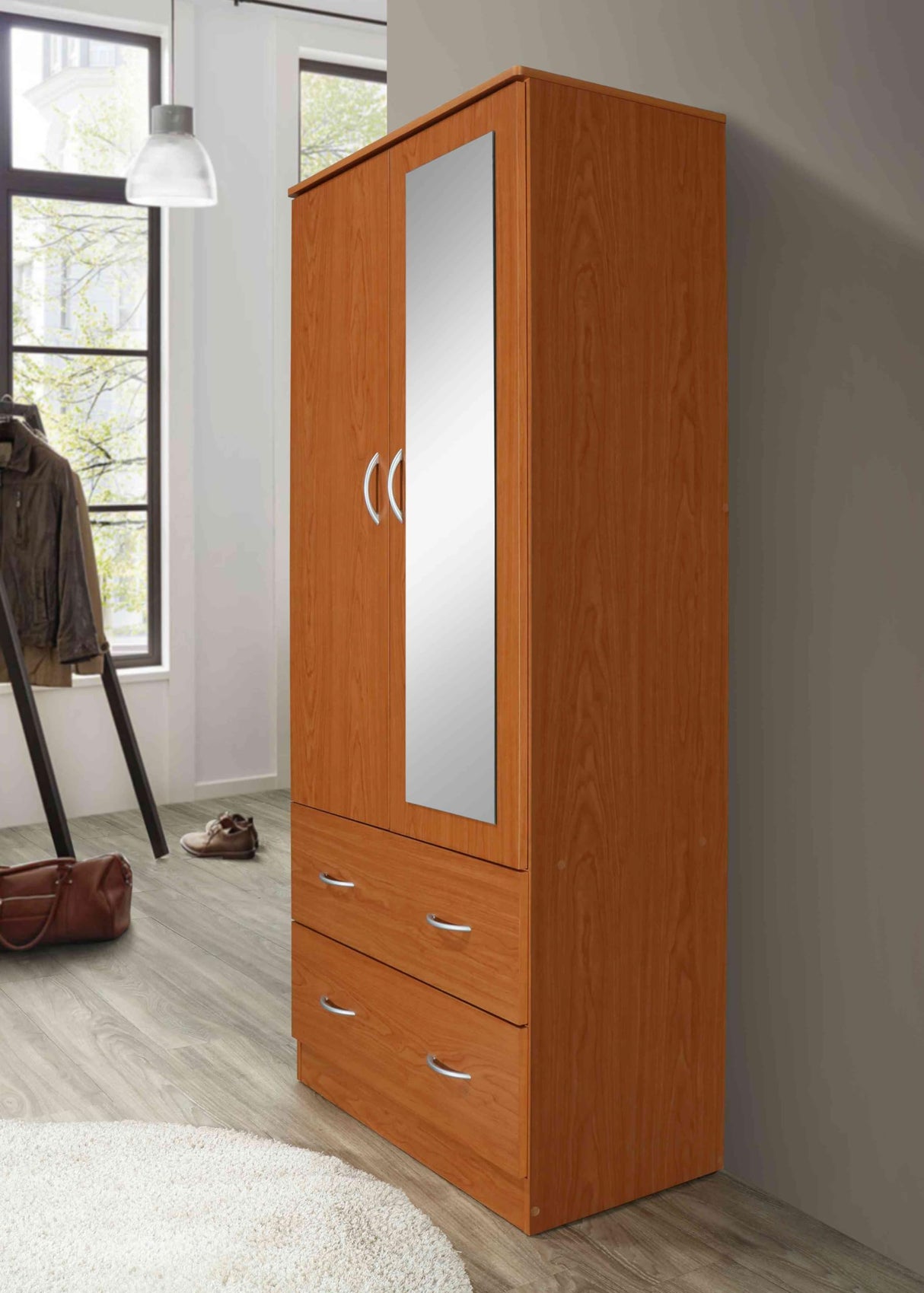 HODEDAH 2 Door Wood Wardrobe Bedroom Closet with Clothing Rod Inside Cabinet, 2 Drawers for Storage and Mirror, Cherry Hodedah