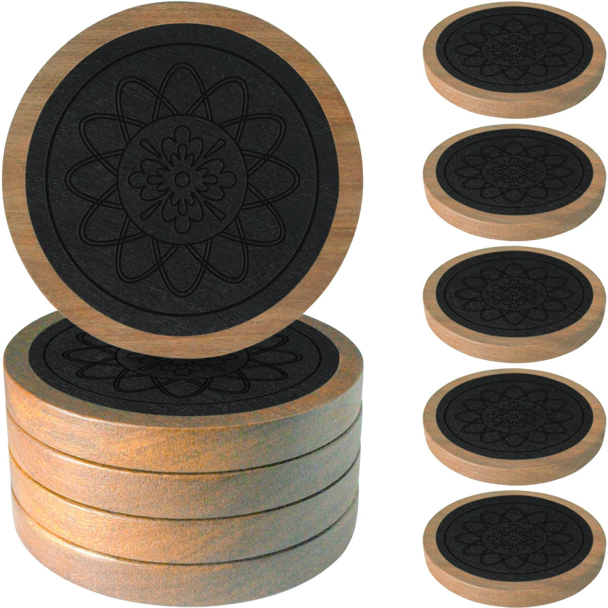 Wood Coasters for Drinks, Minacun Absorbent Coaster Sets of 5, Drinks Coasters for Coffee Tabletop Protection, Non-Slip, Non-Stick, Suitable for Kinds of Cups Wooden Table Drink, 4.3 Inches Black Minacun